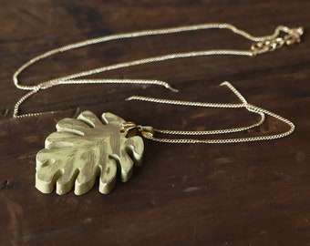 Smooth Green Concrete Monstera Leaf Pendant Gold Necklace