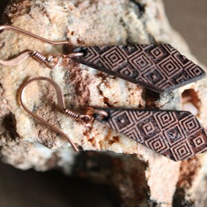Engraved Bubinga Wood Diamond Pattern Copper Earrings