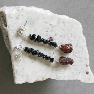 Raw Garnet and Black Spinel Sterling Silver Drop Earrings