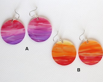 Lightweight Jumbo Circle Watercolor Sunset Gradient Acrylic Silver Earrings