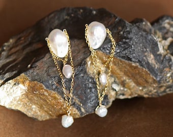 Freshwater Pearl Gold Chain Dangle Earrings