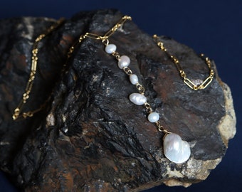 Freshwater Pearl Drop Y Gold Necklace