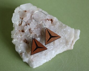 Engraved Cherry Wood Triangle Sterling Silver Earrings