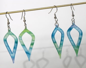 Blue Green Teardrop Watercolor Acrylic Silver Earrings