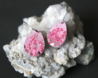 Glittery Pink Teardrop Concrete, Sterling Silver Hoop Earrings