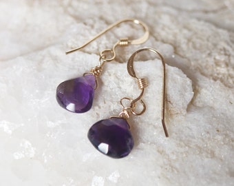 Petite Dark Purple Amethyst Teardrop Gold Earrings