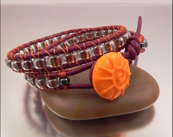 Ginnovations lampwork, Orange Wine beaded double leather wrap bracelet
