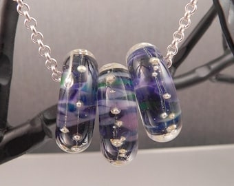 Ginnovations lampwork, Northern Lights set of 3 big hole beads, optional sterling chains