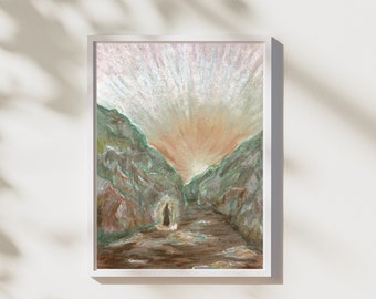 Könnte beinhalten: Ein Gemälde, das einen schmalen Canyon mit einem leuchtenden, farbenfrohen Sonnenaufgang in der Ferne zeigt. Die Canyonwände sind eine Mischung aus Braun, Grün und Grau, und eine kleine Figur steht in der Mitte des Weges.