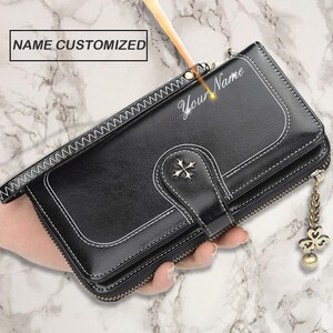 Portafoglio in pelle PU personalizzato per donna - Portafoglio lungo con cerniera e nome, porta carte, regalo di moda personalizzato per lei
