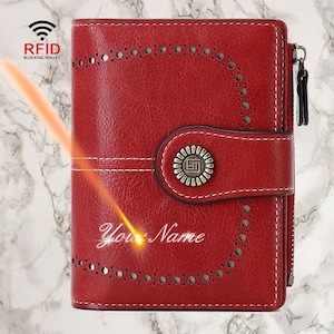 Engraved Name RFID Women's Short Wallet - PU Leather Card Holder with Zipper, Hasp & Coin Pocket