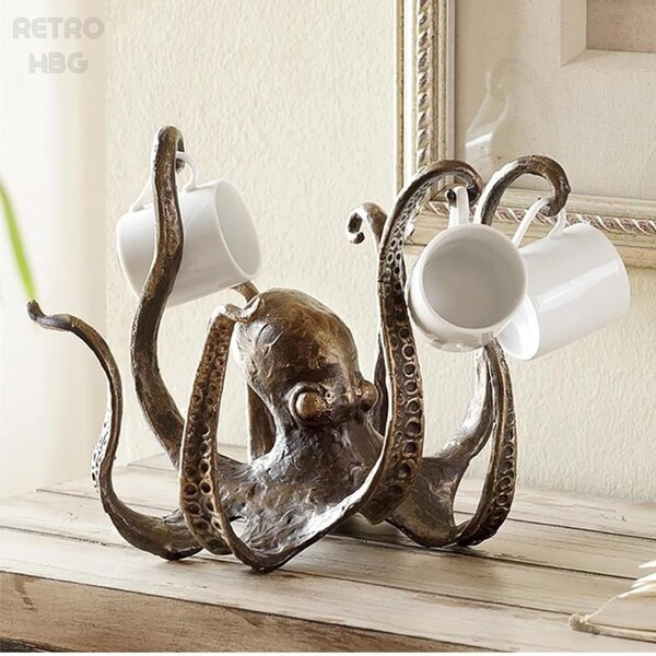 Octopus Coffee Mug Holder, Tea Cup Holder, Vintage-Style Large Decorative Octopus, Statue Ornament, Coffee Bar Accessories