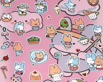 Mini Animal Stickers: Tiny Kawaii Style Bunny Rabbits and Sweet Treats