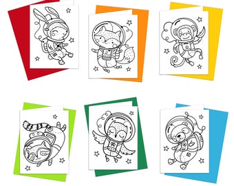 Astro Buddies Coloring Cards: Space Animals, Kids Stationery Set