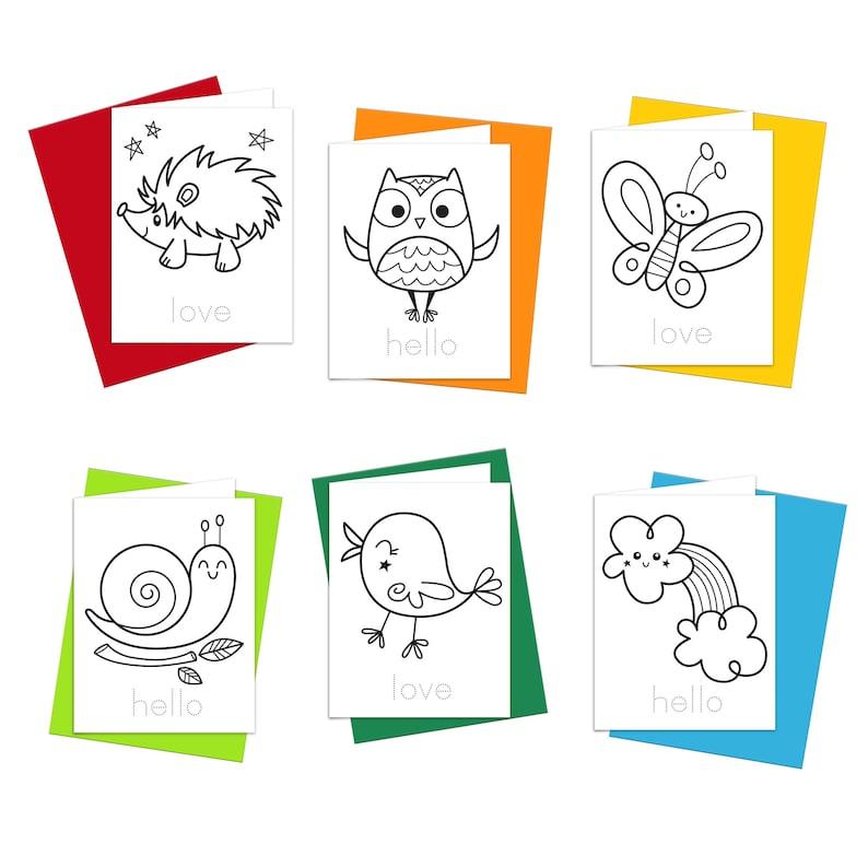 Coloring Cards: Hello Love Cute Kawaii Style Stationery 6 Cards to ...