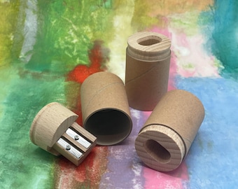 Pencil Sharpener Wood | Recycled Canister Wooden Top Double Hole Dual Size: 11mm Jumbo Pencils + 8mm Standard Pencils