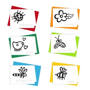 May include: Six colorful cards with black and white illustrations of a ladybug, flower, bird, butterfly, dragonfly, and bee. Each card has the name of the illustrated object written below the image.