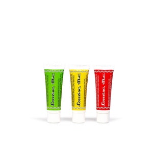 May include: Three tubes of white glue with green, yellow, and red labels. The labels all say "Coccoina, Mia:" and include instructions for use. The glue is for paper, wood, and cloth.