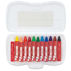 May include: A white plastic case containing a set of Faber-Castell crayons. The crayons are in various colors, including yellow, orange, red, green, blue, purple, brown, and black. Each crayon is labeled with its color name.