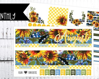 August Monthly Planner Kit Month Calendar Stickers for use with ERIN CONDREN LIFEPLANNER\u2122 Calendar Sunflower Summer