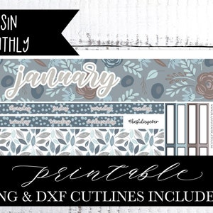 Kit de adesivos para impressão de janeiro Kit de adesivos para planejador de primos DIY adesivo mensal PNG DXF Cutlines incluídos para uso com Silhouette™ ou Cricut™