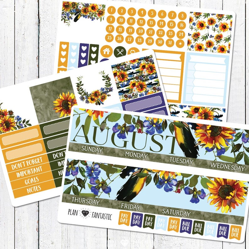 August Monthly Planner Kit Month Calendar Stickers for use with ERIN CONDREN LIFEPLANNER\u2122 Calendar Sunflower Summer
