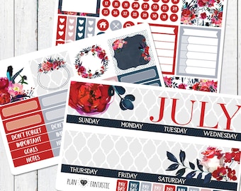 July Monthly Planner Kit - Patriotic Glam Peonies - Calendar Stickers for use with ERIN CONDREN LIFEPLANNER™ Calendar