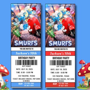 Invitación editable para la entrada de la película de los Pitufos, invitación para la entrada de los Pitufos, invitación para la fiesta de cumpleaños de los Pitufos
