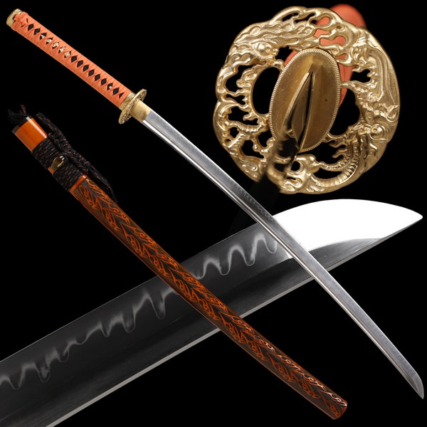 Carved solid wood paint sheath katana,Pure copper accessories Samurai Sword,Covering soil burning Blade,Handmade Japanese katana Sword,gift