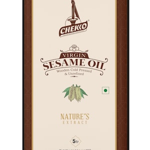 May include: A brown metal can with a gold lid. The can has a label with the text "CHEKKO VIRGIN SESAME OIL Wooden Cold Pressed & Unrefined" and a drawing of sesame seeds. The label also says "NATURE'S EXTRACT" and "5ltr (Nett Weight 4.5 kg)at 32°C".