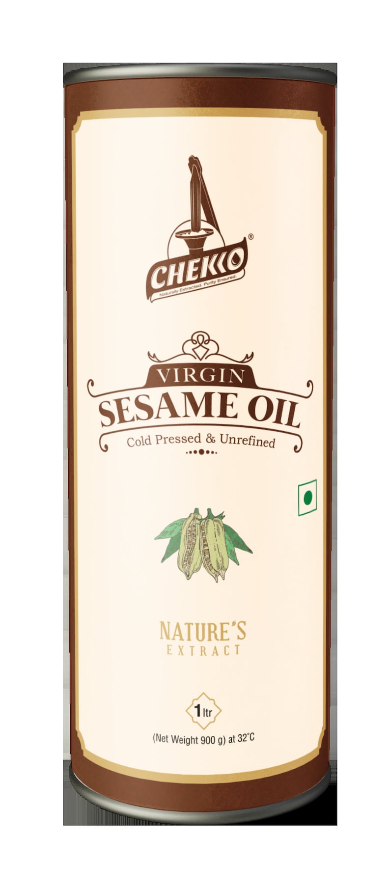 May include: A brown can with a label that says "Chekko Virgin Sesame Oil Cold Pressed & Unrefined Nature's Extract 1 ltr (Net Weight 900 g) at 32&deg;C".