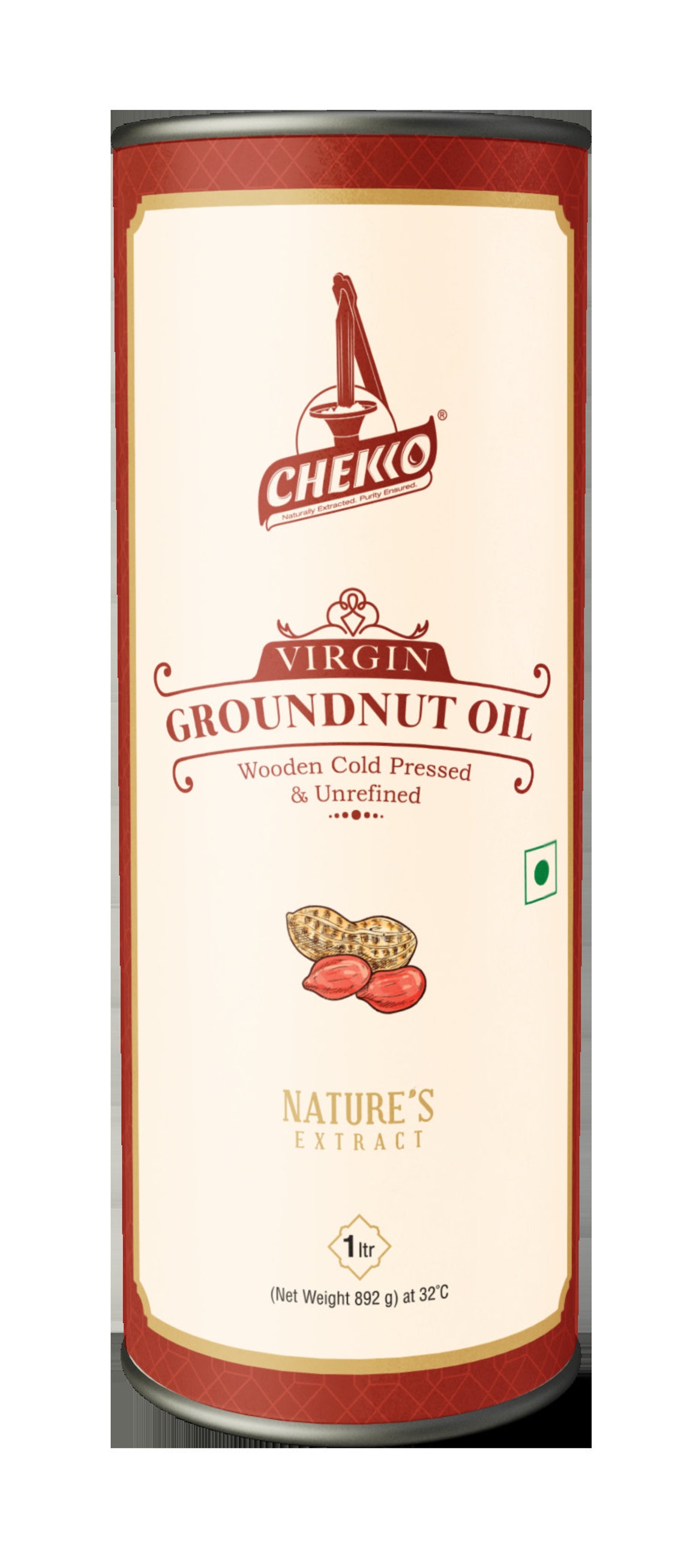 Chekko Cold Pressed Virgin 1L Groundnut / Peanut Oil 100 Natural, Pure