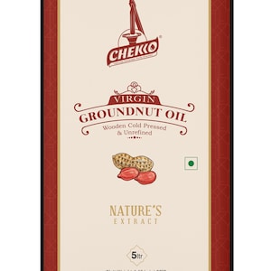 May include: A red and gold can of Chekko Virgin Groundnut Oil. The can features a drawing of peanuts and the text "Wooden Cold Pressed & Unrefined". The can is labeled "Nature's Extract" and contains 5 liters of oil.