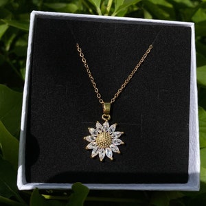Sunflower Necklace - Flower Pendant with Shiny Crystals on Tarnish Free Adjustable Chain, Jewelry Gift for Women, Girls