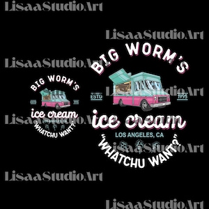May include: A black graphic design featuring an ice cream truck in pink and teal, with the text "BIG WORM'S ice cream" and "Whatchu Want?" in a retro style. The text "Los Angeles, CA" is also included.