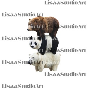 May include: A whimsical image features a brown bear, a panda bear, and a polar bear stacked on top of each other. The bears are set against a white background. The text "Lisaa Studio Art" is repeated across the image.