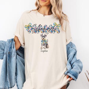 Custom Schnauzer Floral Letter Dog Mama Bows T-Shirt, Custom Name Schnauzer Preppy Floral Letter Dog Mama Tee, Custom Schnauzer Dog Mom Gift