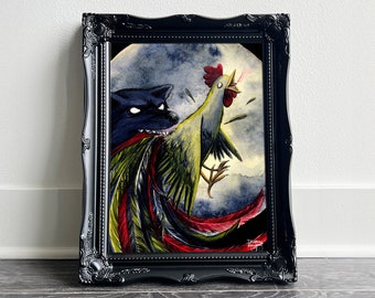 Fowl Howl by Tatyana • Watercolor & ink painting • Wolf attacking rooster at full moon night • Fine Art Print 8x10 11x14 16x20