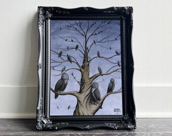 Mafia by Tatyana • Watercolor & ink painting • A murder of crows watching from tree branches • Fine Art Print 8x10 11x14 16x20 24x36