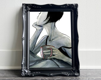 No Regrets van Tatyana • Aquarel & inktschildering • Vrouw in bed met kopje kijkt uit het raam • Fine Art Print 8x10 11x14 16x20