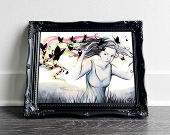 In paniek geraakt door Tatyana • Aquarel- en inktschilderij • Meisje rent in een leeg veld met vlinders • Fine Art Print 8x10 11x20 16x20 24x36