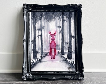 Pink Panther by Tatyana • Watercolor & ink painting • A deer fawn on a sidewalk, surrounded by trees • Fine Art Print 8x10 11x14 16x20