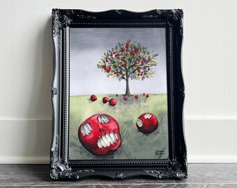 Bad Apples by Tatyana • Watercolor & ink painting • Fallen, bitten red apples like skulls under tree • Fine Art Print 8x10 11x14 16x20