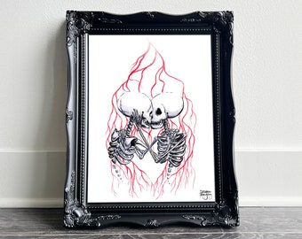 Every Bone by Tatyana • Watercolor & ink painting • Skeletons embracing • Fine Art Print 8x10 11x14 16x20