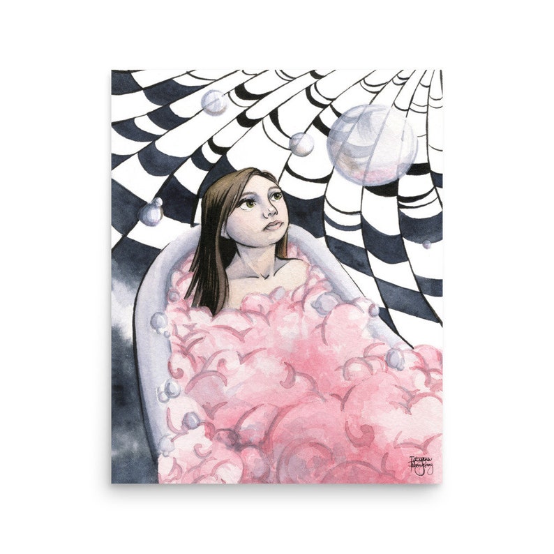 When The Bubbles Burst by Tatyana Watercolor & ink painting Girl in pink bubble bath w/ spiderweb floor Fine Art Print 8x10 11x14 16x 16x20 inches