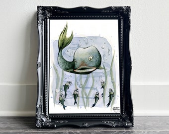 Aquapella by Tatyana • Watercolor & ink painting • Funny fish singing underwater with music note bubbles • Fine Art Print 8x10 11x14 16x20