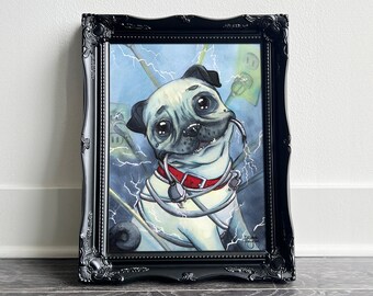 Smug by Tatyana • Watercolor & ink painting • Trouble-making pug tied up in electric cords • Fine Art Print 8x10 11x14 16x20