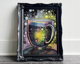 Bubble Tea by Tatyana • Watercolor & ink painting • A cup of sparkling colorful bubble tea • Fine Art Print 8x10 11x14 16x20