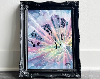 Cloud Forest by Tatyana • Watercolor & ink painting • Sunshine rays through a forest of cloud trees • Fine Art Print 8x10 11x14 16x20