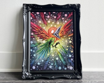 Shedding Light by Tatyana • Watercolor & ink painting • Rainbow crow and feathers as sparkler fireworks • Fine Art Print 8x10 11x14 16x20+